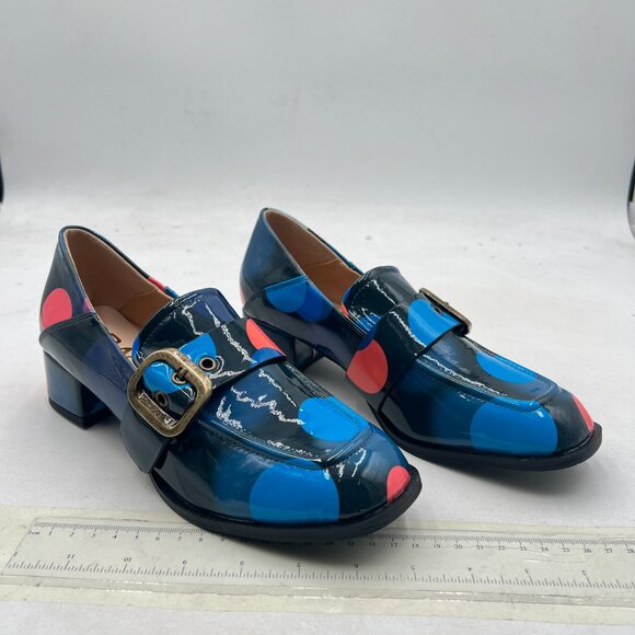 YDN Blue Print Polka Dot Square Toe Loafers Slip on Block Low Heel Buckle Pumps - Picture 4 of 8